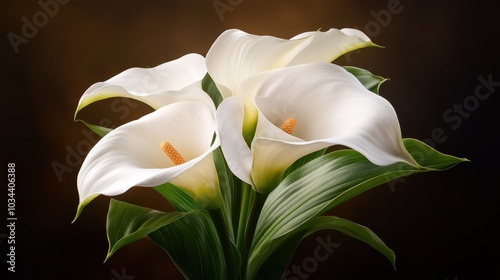 An aesthetically pleasing trio of white calla lilies is set against a backdrop of contrasting green leaves, capturing the sophistication and elegance of these florals.