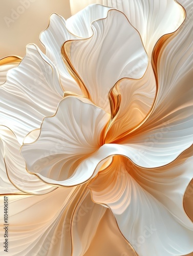 The composition showcases a stunning, large abstract sculpture with flowing white and gold petals layered elegantly, set against a warm beige background.