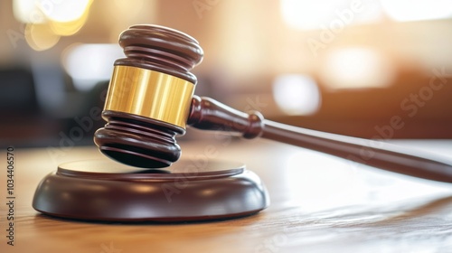 Wooden Gavel with Gold Trim on a Wooden Table photo