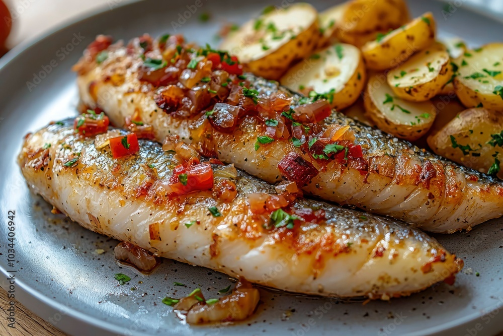 Pan-Seared Fish Fillet with Red Pepper and Onion Topping Served with Roasted Potato Slices Pan-Seared Fish Fillet with Red Pepper and Onion Topping Served with Roasted Potato Slices