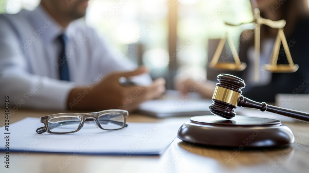 Gavel on Sound Block, Scales of Justice, and Eyeglasses on a Document