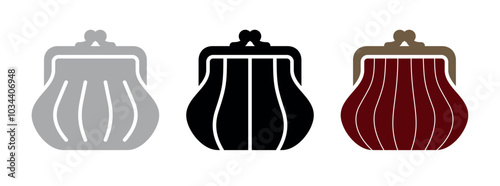 Old wallet icon. Attribute of money or wealth. Women's wallet. Sign of payment, purchase or cost. Pictogram of price, amount or savings. Symbol of history, rarity or finance.
