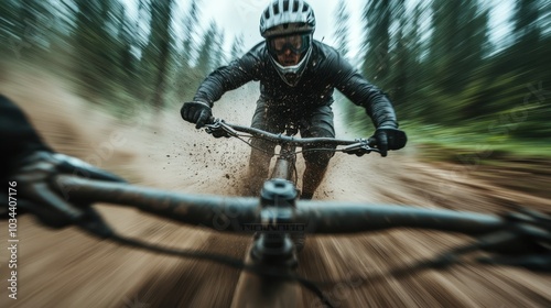 A close-up action shot of a mountain biker riding aggressively through muddy terrain; his focus and determination are highlighted despite challenging conditions. photo