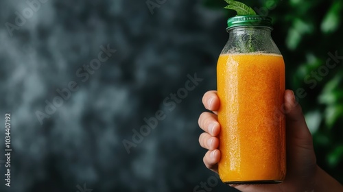 A hand holds a glass bottle filled with freshly squeezed orange juice, highlighted by a refreshing leaf garnish, symbolizing nourishment and vitality.