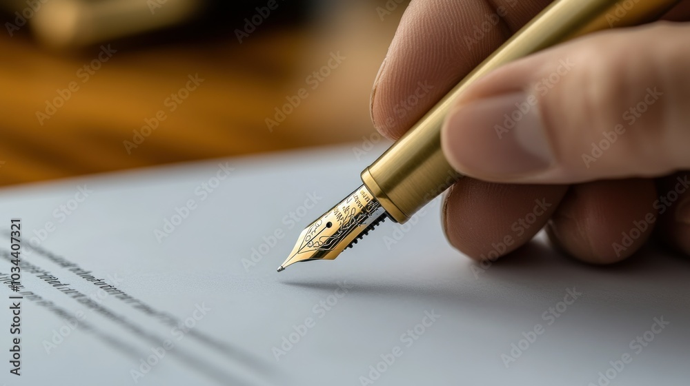 Close-up of a Hand Holding a Gold Fountain Pen Above a Blank Document Close-up of a Hand Holding a Gold Fountain Pen Above a Blank Document
