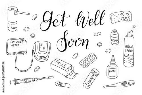 Set of hand drawn doodles with medical items with calligraphy lettering Get well soon. Pills, vitamins, thermometer, syringe, and blood pressure meter. Healthcare items for coloring pages, stickers