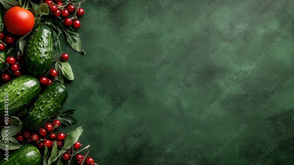 A collection of fresh cucumbers and tomatoes elegantly arranged against a lush, green background, creating a rustic and wholesome visual harmony. A collection of fresh cucumbers and tomatoes elegantly arranged against a lush, green background, creating a rustic and wholesome visual harmony.