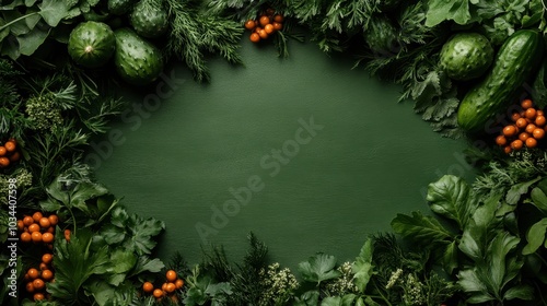 An exquisite arrangement of green foliage and fresh cucumbers beautifully displayed, evoking a sense of vibrancy and natural purity against a subtle background. photo