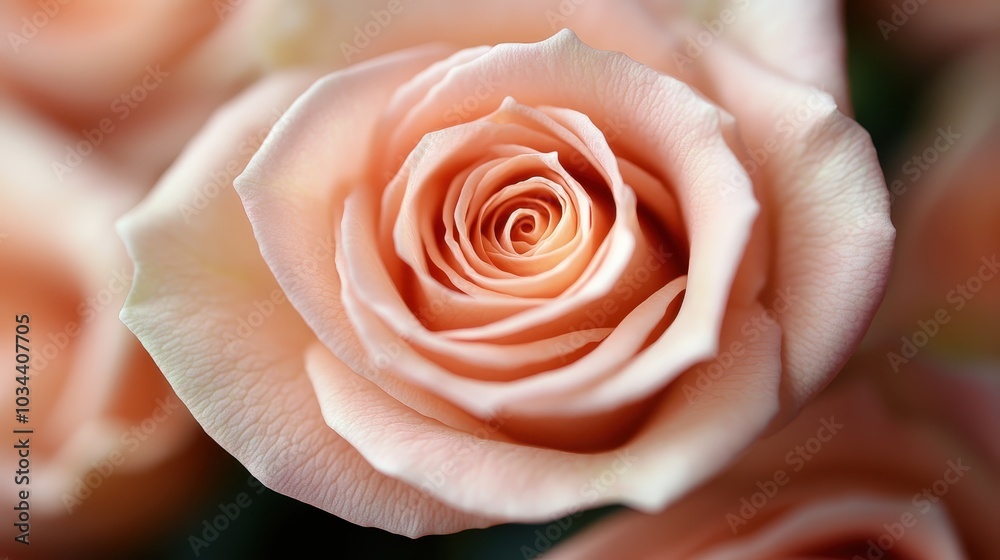 An intricate close-up of a soft peach-colored rose, showcasing its delicate, layered petals and capturing the essence of natural beauty and elegance. An intricate close-up of a soft peach-colored rose, showcasing its delicate, layered petals and capturing the essence of natural beauty and elegance.