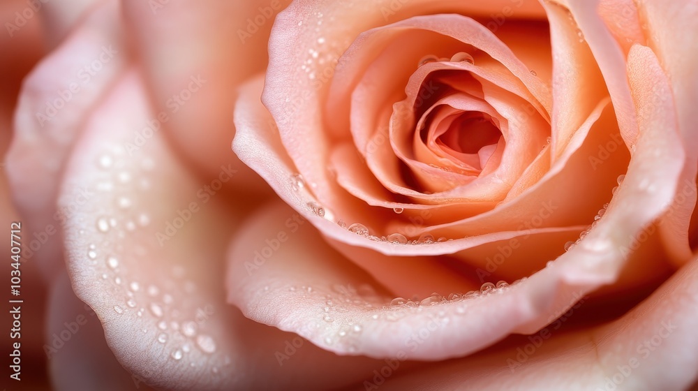 A detailed close-up view of a delicate peach rose adorned with tiny dew droplets, its petals gently unfurling to reveal a soft and tender core, evoking serenity. A detailed close-up view of a delicate peach rose adorned with tiny dew droplets, its petals gently unfurling to reveal a soft and tender core, evoking serenity.