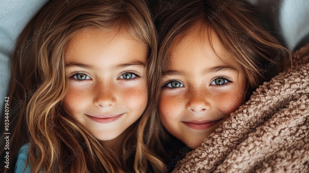 Two adorable children, with joyful expressions, are snugly wrapped in a cozy brown blanket, sharing a delightful moment of comfort and warmth together. Two adorable children, with joyful expressions, are snugly wrapped in a cozy brown blanket, sharing a delightful moment of comfort and warmth together.