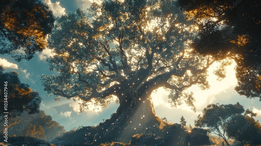 Majestic Ancient Tree with Glowing Lights in a Forest at Sunset Majestic Ancient Tree with Glowing Lights in a Forest at Sunset