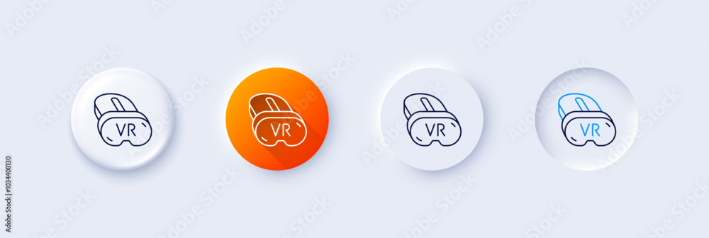 Vr line icon. Neumorphic, Orange gradient, 3d pin buttons. Virtual reality sign. Ar simulator goggles symbol. Line icons. Neumorphic buttons with outline signs. Vector Vr line icon. Neumorphic, Orange gradient, 3d pin buttons. Virtual reality sign. Ar simulator goggles symbol. Line icons. Neumorphic buttons with outline signs. Vector