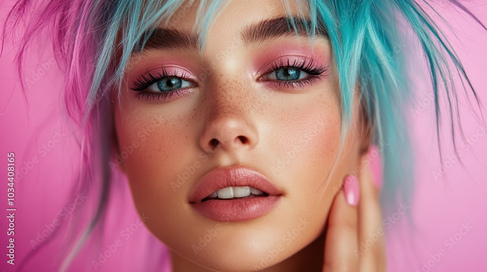 An engaging close-up portrait emphasizing vibrant teal hair and pink makeup on a confident individual, set against a dynamic pink background, perfect for modern storytelling. An engaging close-up portrait emphasizing vibrant teal hair and pink makeup on a confident individual, set against a dynamic pink background, perfect for modern storytelling.