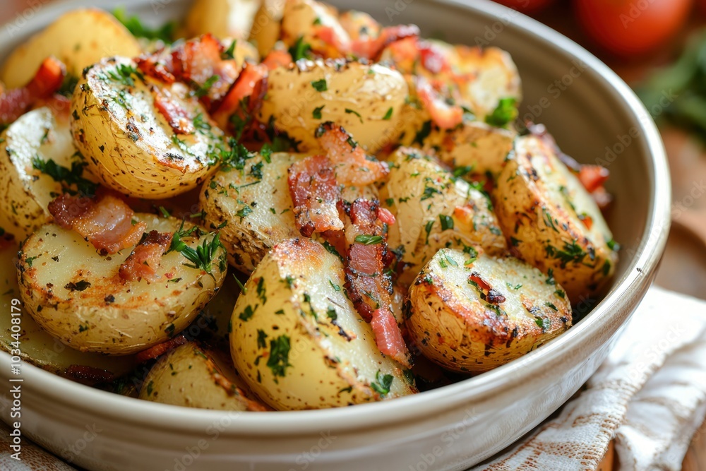 Close-up of Roasted Potato Wedges with Bacon and Herbs in a Bowl Close-up of Roasted Potato Wedges with Bacon and Herbs in a Bowl