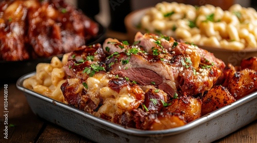 A close-up view of succulent barbecued meat paired with creamy mac and cheese, highlighting the textures and flavors of this mouthwatering dish garnished with herbs.