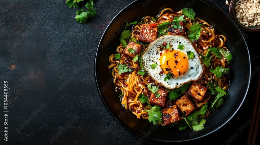 A traditional bowl of ramen with colorful toppings including tofu, egg, and herbs, nestled in a rich, savory broth, offering a complete meal experience. A traditional bowl of ramen with colorful toppings including tofu, egg, and herbs, nestled in a rich, savory broth, offering a complete meal experience.