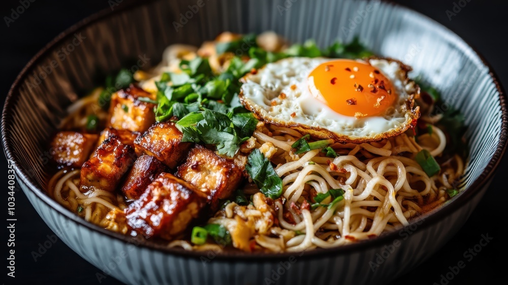 A vibrant bowl of ramen featuring crispy tofu, fresh vegetables, and a perfectly cooked fried egg, creating a harmonious blend of flavors and textures. A vibrant bowl of ramen featuring crispy tofu, fresh vegetables, and a perfectly cooked fried egg, creating a harmonious blend of flavors and textures.