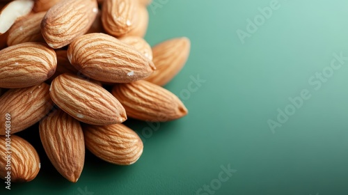 An image showing a pile of unshelled almonds spread across a vibrant green background, showcasing their natural texture and wholesome, nutritious appeal. photo