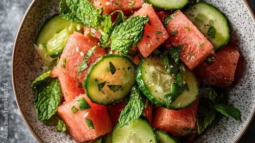 A vibrant salad featuring juicy watermelon cubes, crisp cucumber slices, and fresh mint leaves, offering a refreshing texture and flavor combination. photo