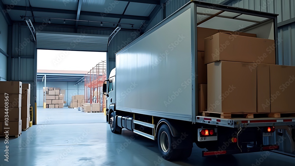 Optimizing Delivery: Boxes Packed and Loaded onto a Large Truck outside the Warehouse, Generative AI Optimizing Delivery: Boxes Packed and Loaded onto a Large Truck outside the Warehouse, Generative AI