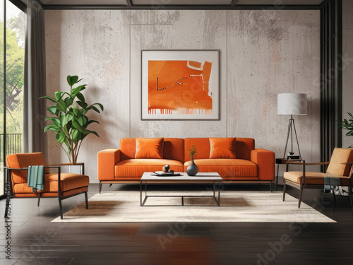 Modern living room interior featuring cozy, plush orange sofas a wooden side table with decorative items, and minimalist decor. The space is enhanced by a large abstract painting and a soft rug