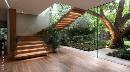 A serene interior with a wooden staircase and floor-to-ceiling glass walls provides a stunning view of lush greenery, harmonizing nature with modern design elements.