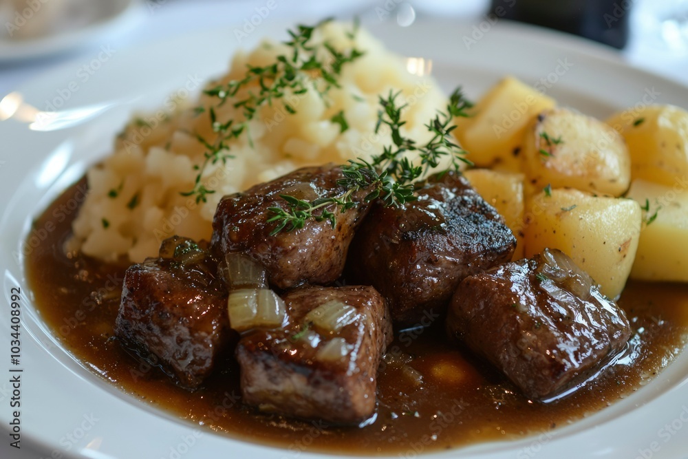 Close-up of Beef Stew with Mashed Potatoes and Thyme Garnish Close-up of Beef Stew with Mashed Potatoes and Thyme Garnish