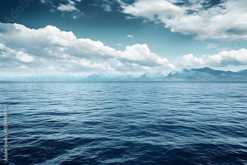 Tranquil Ocean View with Mountains Under a Cloudy Sky on a Clear Day