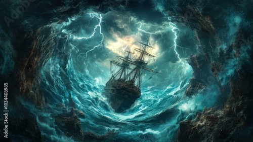 A Ship Caught in a Whirlwind of Ocean and Lightning photo