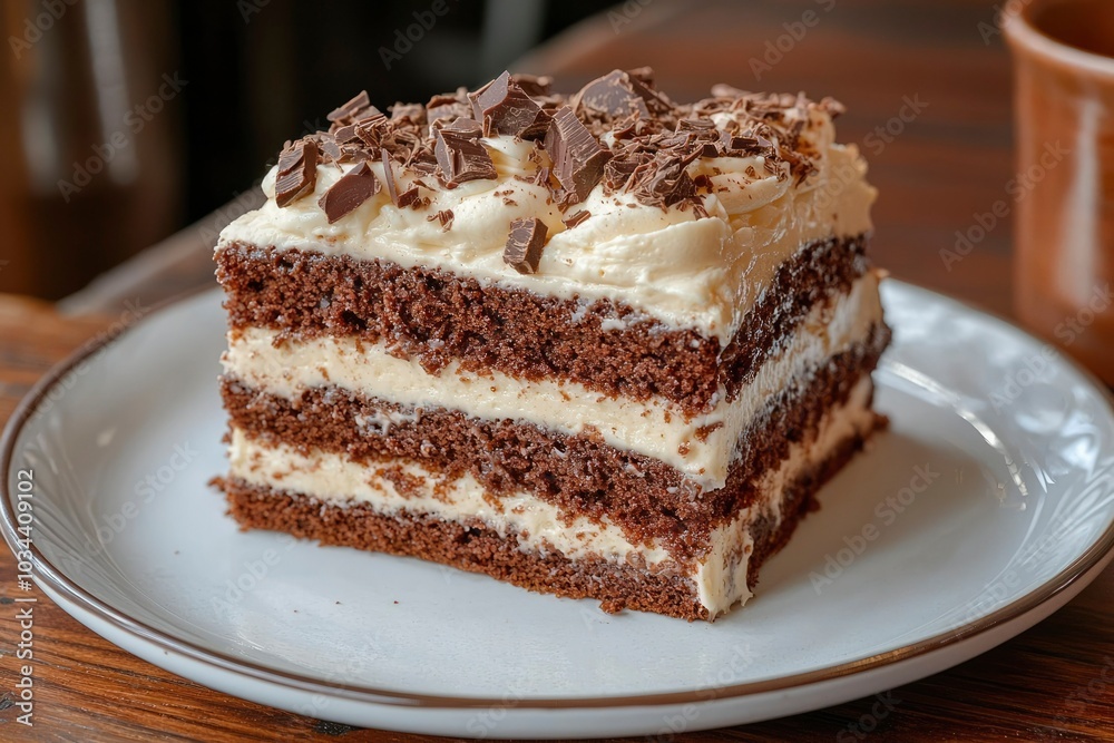 A Slice of Chocolate Cake with Cream and Chocolate Shavings A Slice of Chocolate Cake with Cream and Chocolate Shavings
