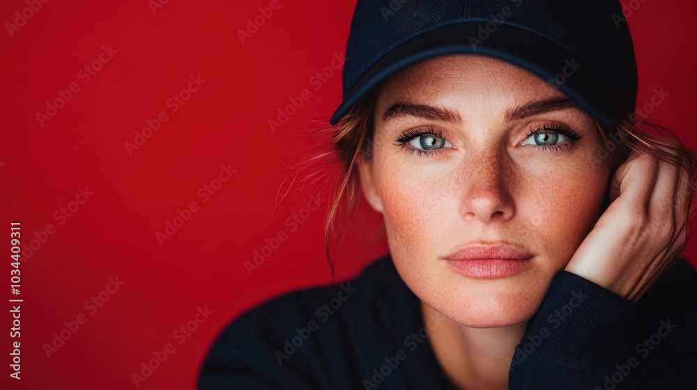 A woman in a dark navy cap rests her chin on her hand, gazing thoughtfully against an orange-tinted red backdrop, conveying introspection and passion. A woman in a dark navy cap rests her chin on her hand, gazing thoughtfully against an orange-tinted red backdrop, conveying introspection and passion.