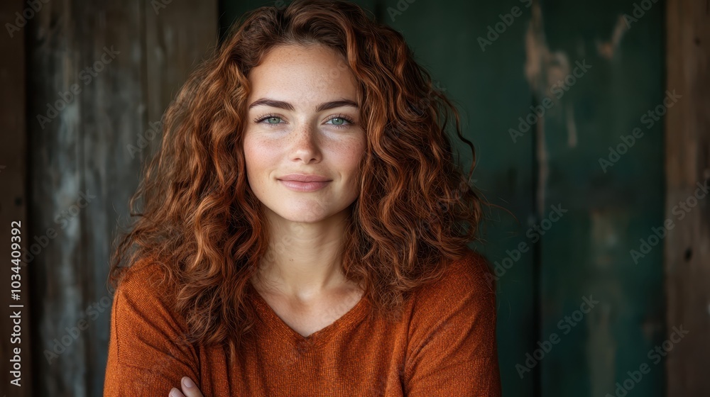 A confident woman with curly hair stands before a rustic background, wearing an earthy-hued top and exuding confidence and warmth through her smile. A confident woman with curly hair stands before a rustic background, wearing an earthy-hued top and exuding confidence and warmth through her smile.