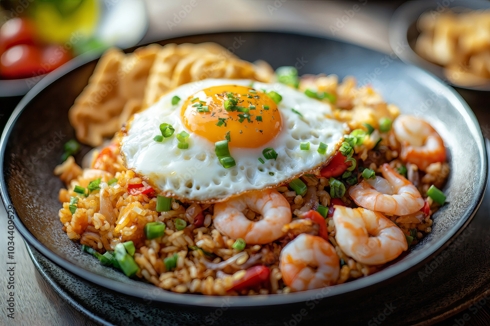 Indonesian nasi goreng fried rice served with a fried egg on top, shrimp crackers on the side, and garnished with green onions. Indonesian nasi goreng fried rice served with a fried egg on top, shrimp crackers on the side, and garnished with green onions.