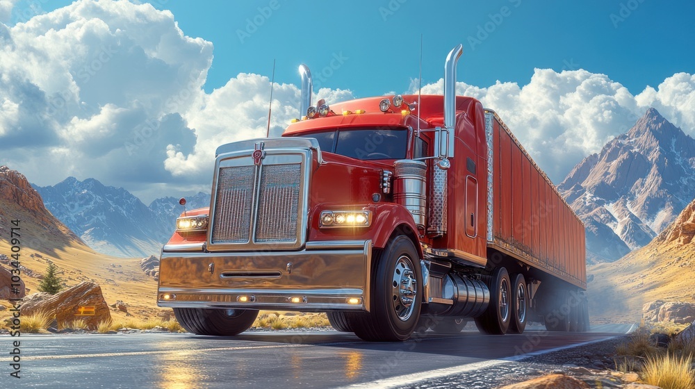 Red Semi-Truck Driving Through Mountain Pass Red Semi-Truck Driving Through Mountain Pass