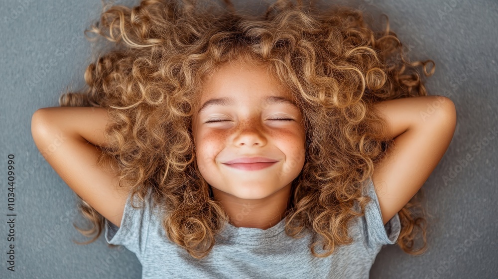 A young child lies back with curly hair, smiling serenely and experiencing a moment of pure joyful contentment against a textured gray backdrop, eyes closed. A young child lies back with curly hair, smiling serenely and experiencing a moment of pure joyful contentment against a textured gray backdrop, eyes closed.