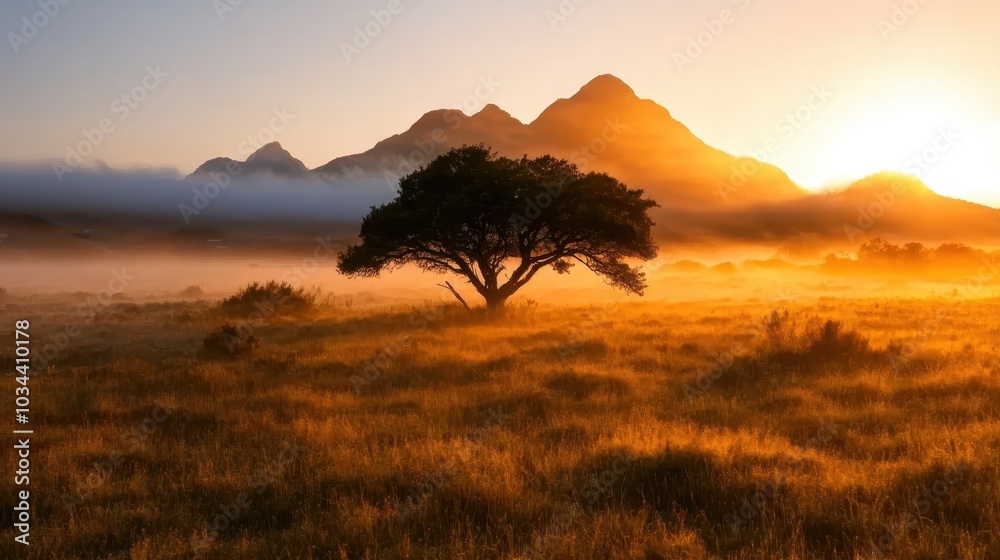 A solitary tree stands against a backdrop of misty mountains in golden sunrise, evoking serenity and the profound beauty of nature at dawn. A solitary tree stands against a backdrop of misty mountains in golden sunrise, evoking serenity and the profound beauty of nature at dawn.