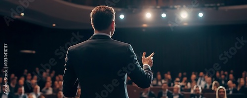 Back view a professional giving a speech on stage in front an attentive audience at a business event.