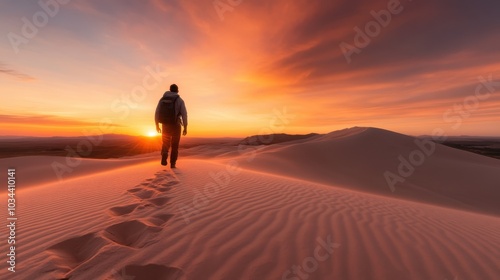 A solitary traveler strides across the sand dunes at dawn, leaving footprints behind while absorbing the striking colors of the desert sky at sunrise. photo