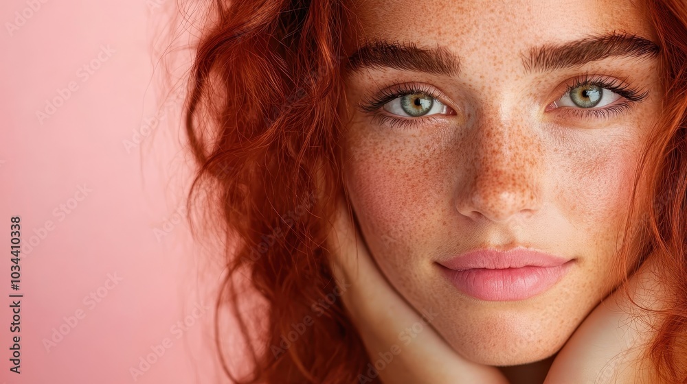A vibrant portrait of a young woman showcasing her red hair and freckles, set against a pink background, capturing her lively and playful spirit beautifully. A vibrant portrait of a young woman showcasing her red hair and freckles, set against a pink background, capturing her lively and playful spirit beautifully.