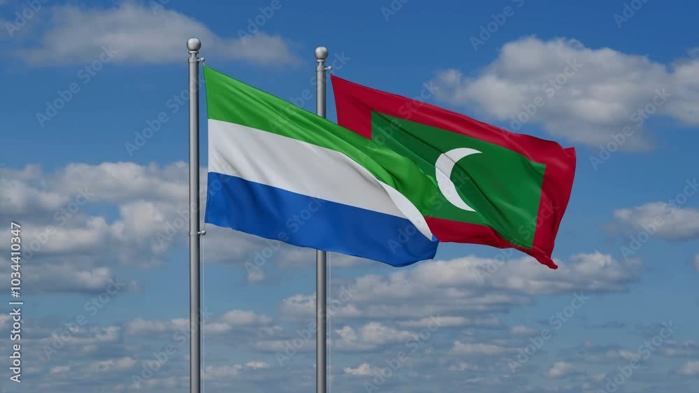 Maldives and Sierra Leone flags flying together, video concept of the relationship, two country relations concept Maldives and Sierra Leone flags flying together, video concept of the relationship, two country relations concept