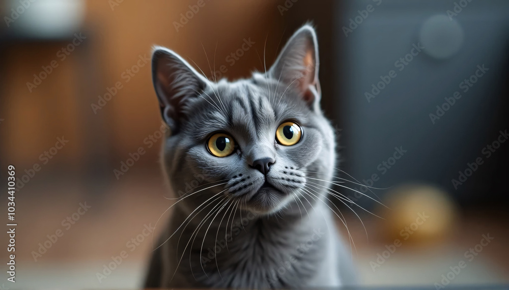 Beautiful grey cat curiously glancing at the camera
Beautiful grey cat curiously glancing at the camera