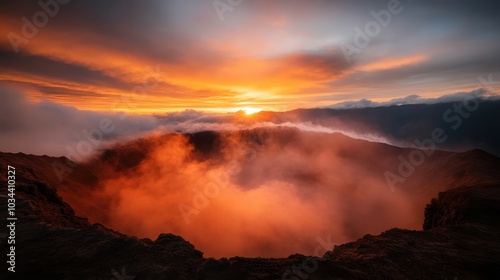 A breathtaking scene of a fiery sunset casting vibrant orange and red hues over a mist-shrouded mountain valley, evoking a sense of wonder and tranquility in nature.