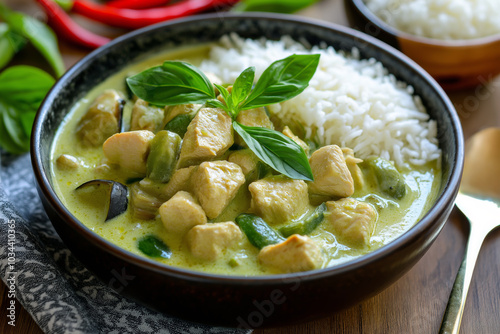 Spicy Thai green curry with chicken, coconut milk, and eggplant, garnished with fresh basil and served with a side of jasmine rice.