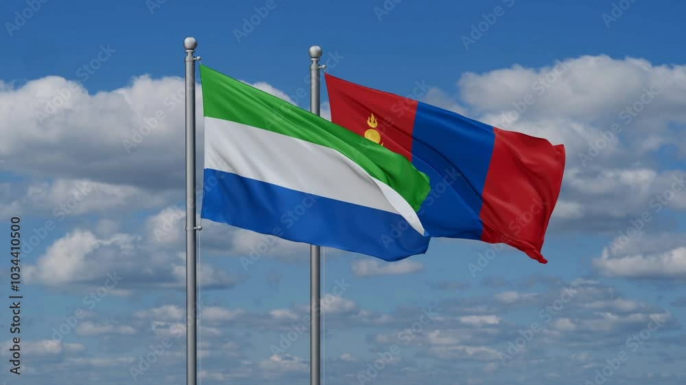 Mongolia and Sierra Leone flags flying together, video concept of the relationship, two country cooperation concept