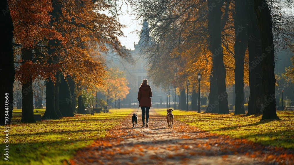Woman Walking Two Dogs Through a Path Lined with Autumn Trees Woman Walking Two Dogs Through a Path Lined with Autumn Trees