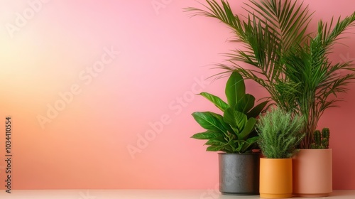 An arrangement of various green plants in modern pots against a pastel pink background, featuring a calm aesthetic that brings a touch of nature indoors.