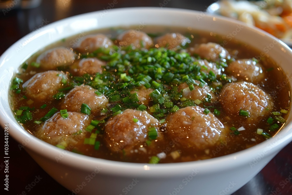 A bowl of soup with meatballs, broth, and green onions.