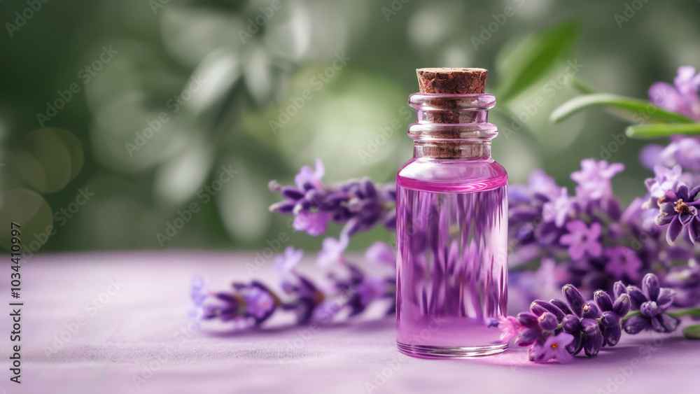 Close up of bottle of lavender essential oil surrounded by fresh lavender blooms with copyspace. Beauty and aromatherapy product. Concept of organic skincare, herbal remedies, alternative medicine Close up of bottle of lavender essential oil surrounded by fresh lavender blooms with copyspace. Beauty and aromatherapy product. Concept of organic skincare, herbal remedies, alternative medicine