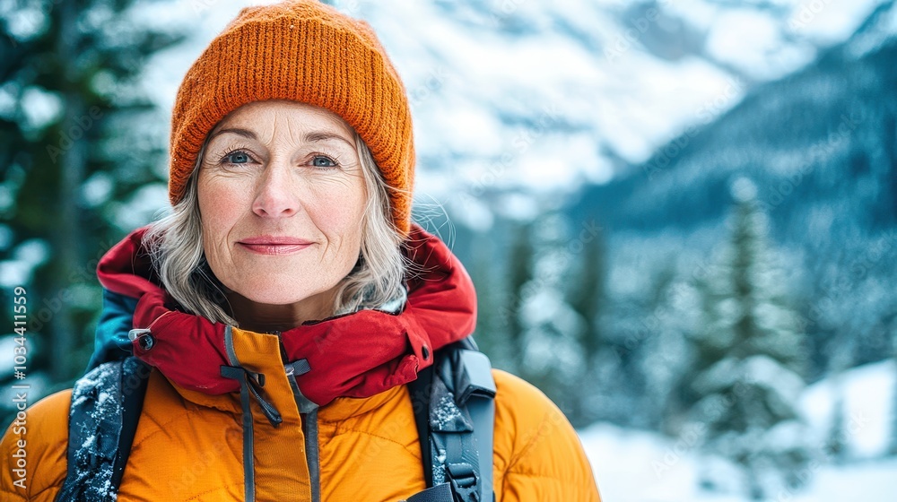 Senior woman hiking in snowy mountains smiling at camera